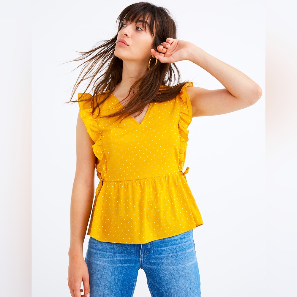 Madewell Side-Tie Ruffle Peplum Top in Polka Dot